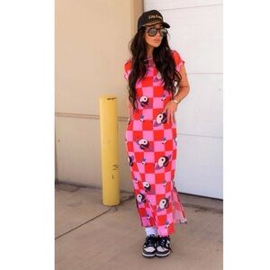 DRESSED IN LALA Red and Pink Checkered Maxi Dress